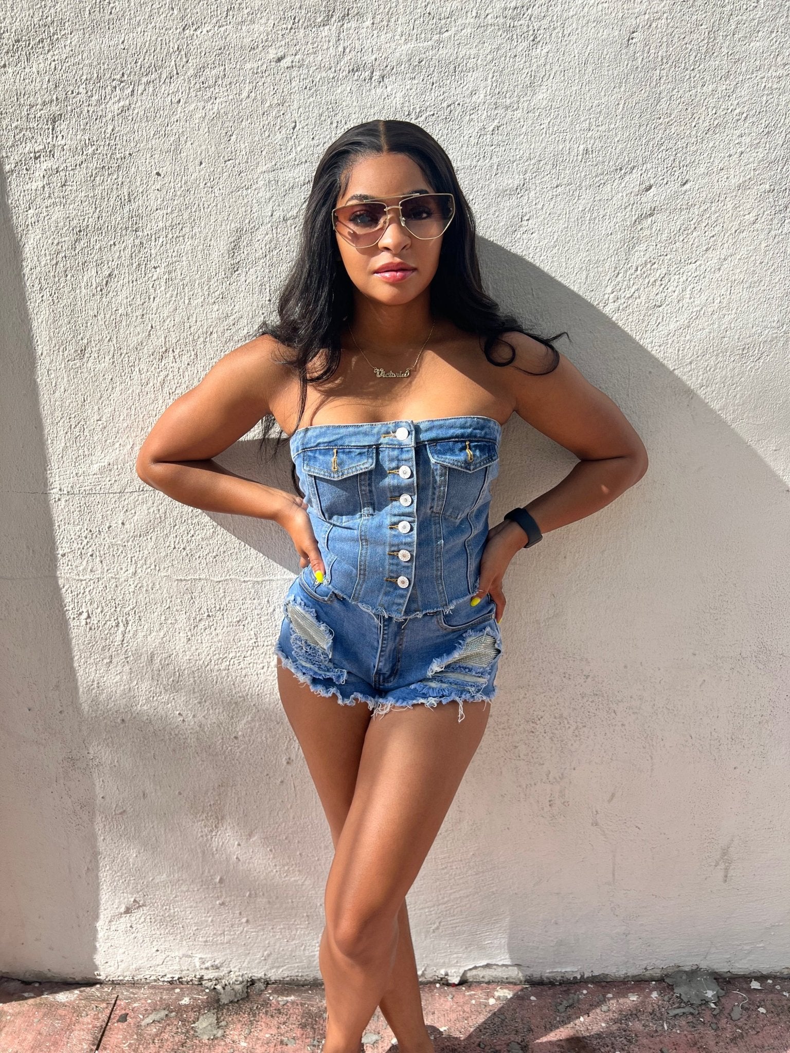 Button Down Denim Corset Tube Top - Fly VSJ, Women's Clothing and Fashion Accessories