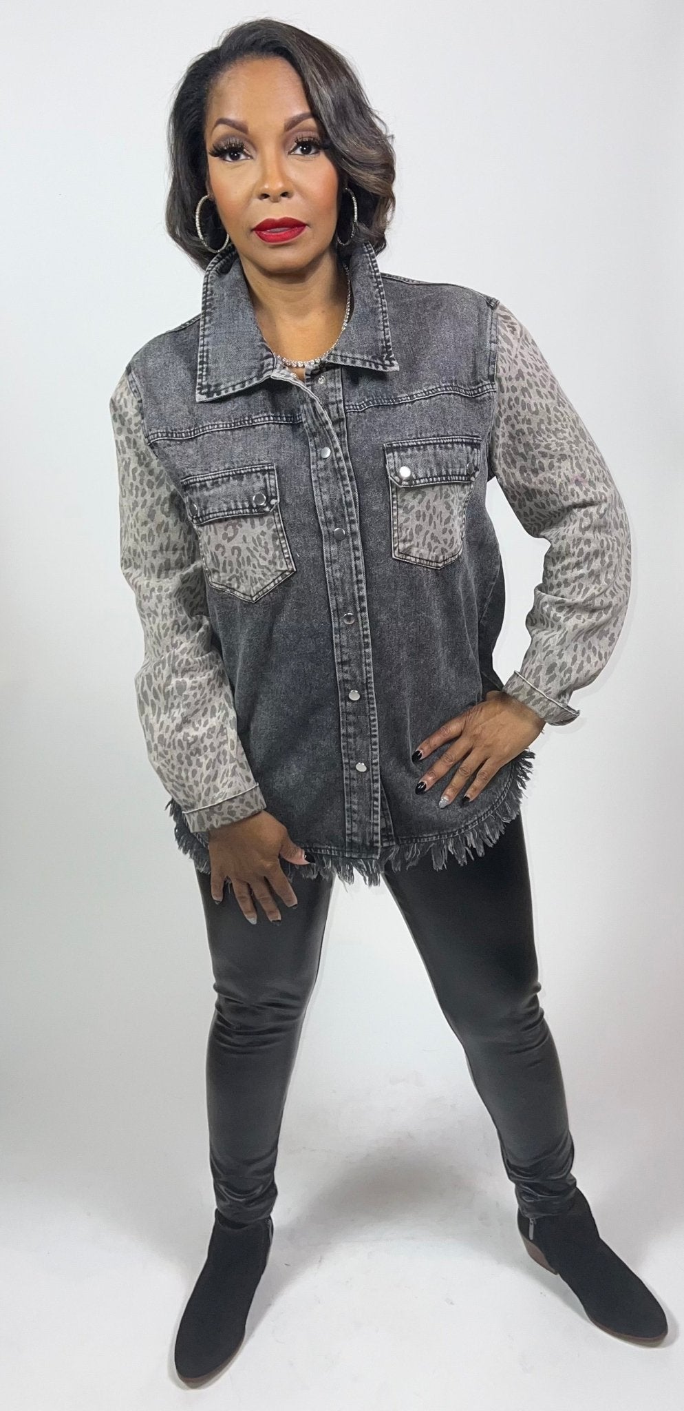 Denim Contrast Top with Frayed Hem - Fly VSJ, Women's Clothing and Fashion Accessories