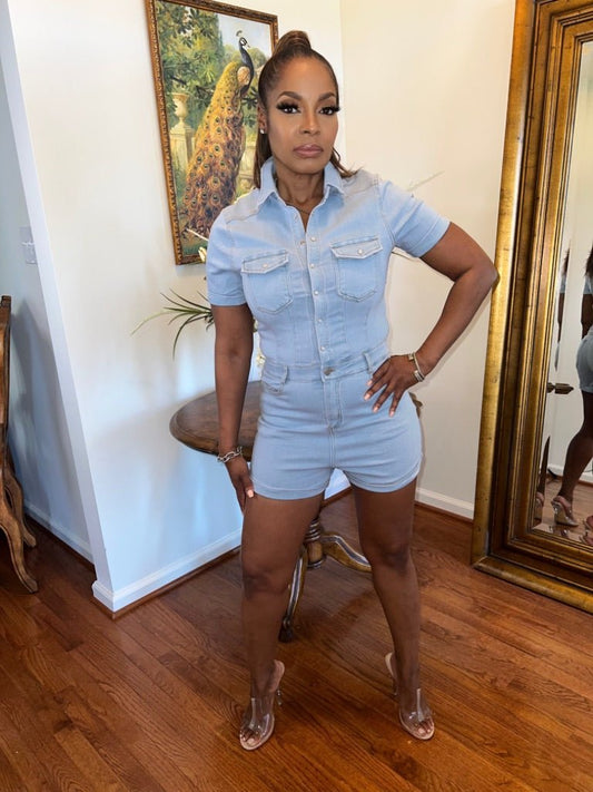 Denim Short Sleeve Romper (Final Sale) - Fly VSJ, Women's Clothing and Fashion Accessories
