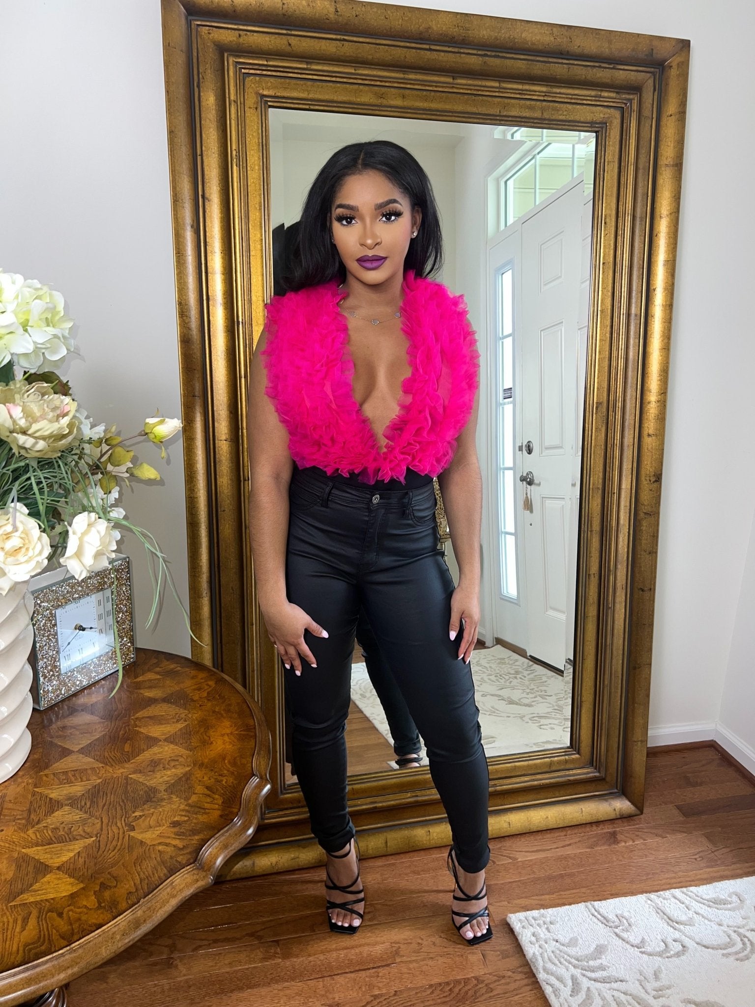 Enchanté Plunge Ruffle Bodysuit - Fly VSJ, Women's Clothing and Fashion Accessories