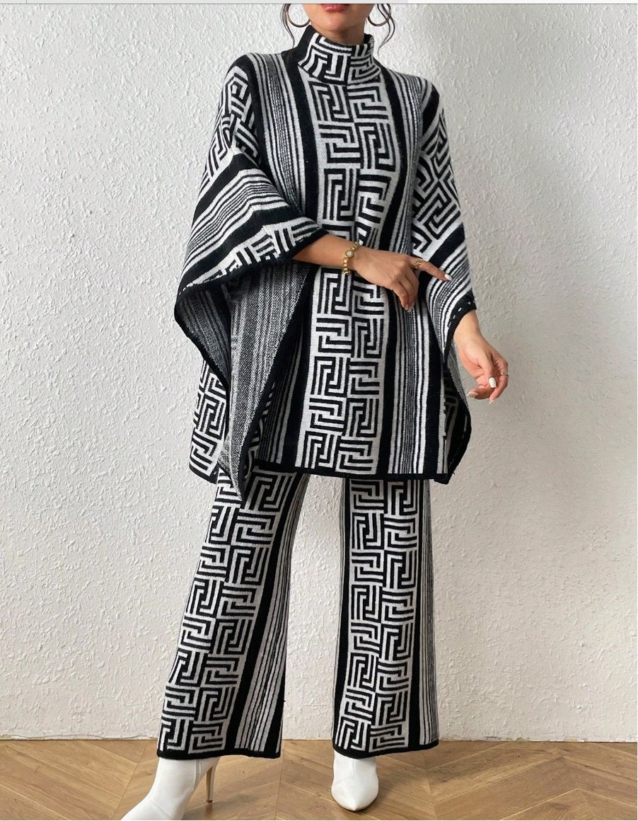 Geo Pattern Poncho Set - Fly VSJ, Women's Clothing and Fashion Accessories