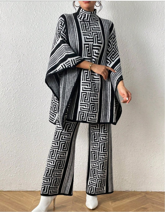 Geo Pattern Poncho Set - Fly VSJ, Women's Clothing and Fashion Accessories