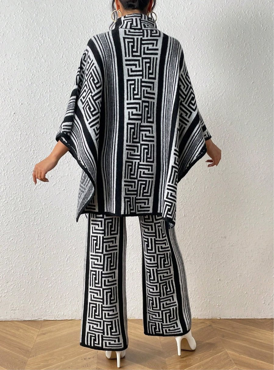Geo Pattern Poncho Set - Fly VSJ, Women's Clothing and Fashion Accessories