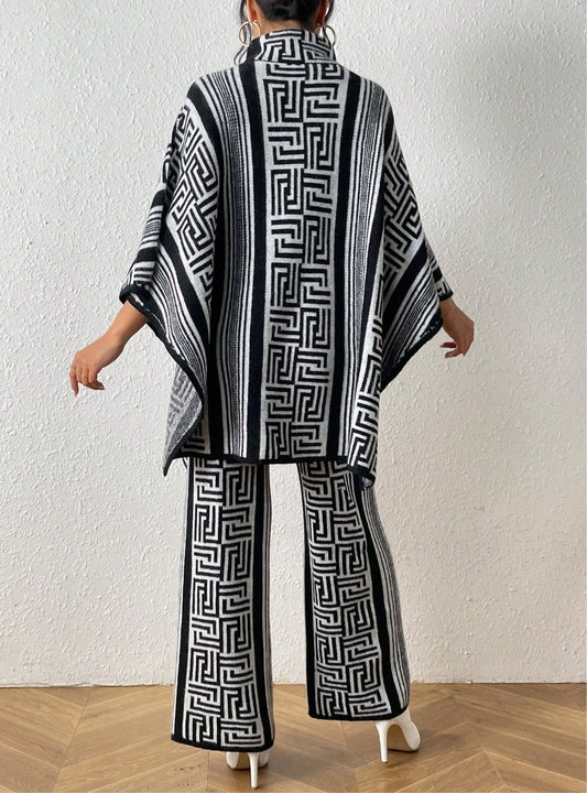 Geo Pattern Poncho Set - Fly VSJ, Women's Clothing and Fashion Accessories