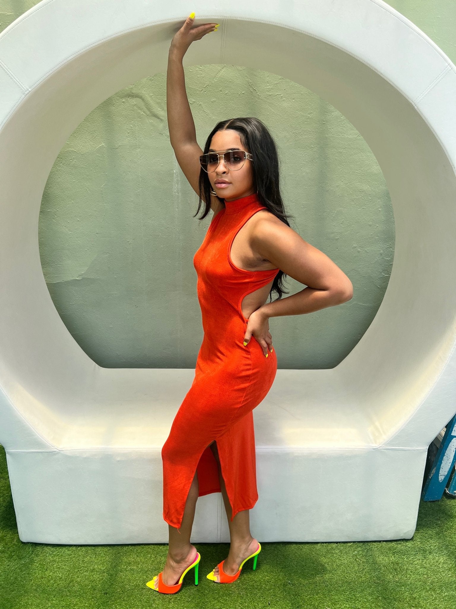 Iconic Mock Neck Cutout Slide Slit Midi Dress - Fly VSJ, Women's Clothing and Fashion Accessories