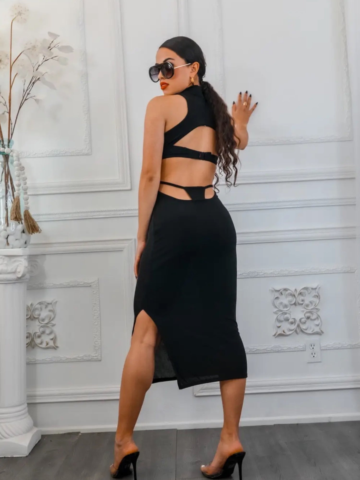 Iconic Mock Neck Cutout Slide Slit Midi Dress - Fly VSJ, Women's Clothing and Fashion Accessories