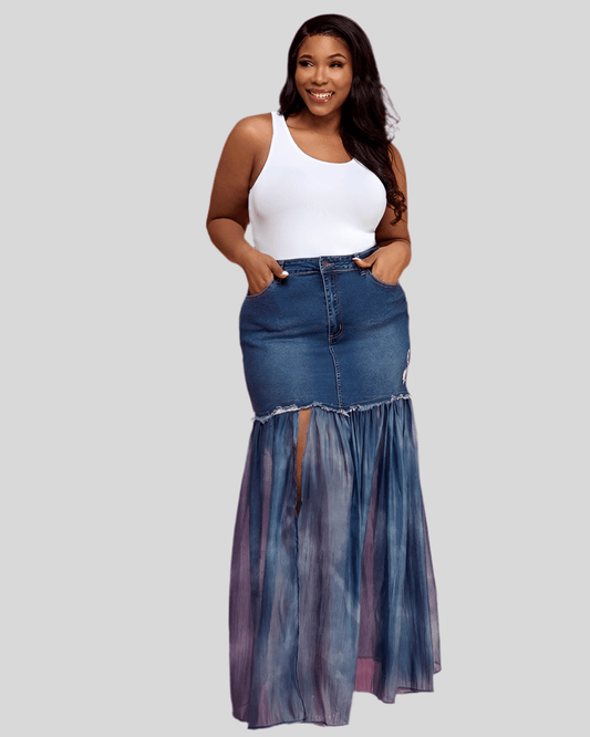 Margot Denim and Mesh Maxi Skirt - Fly VSJ, Women's Clothing and Fashion Accessories