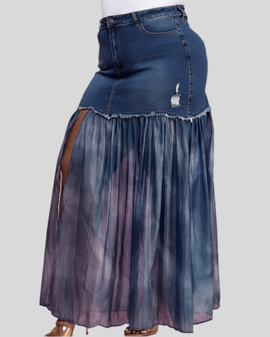 Margot Denim and Mesh Maxi Skirt - Fly VSJ, Women's Clothing and Fashion Accessories