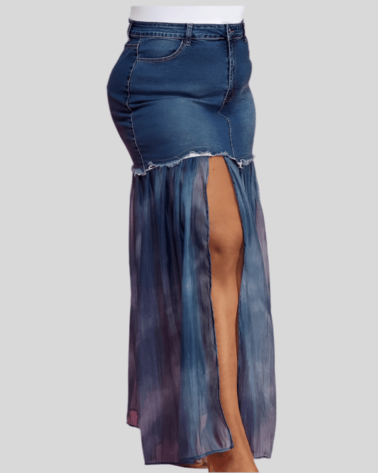 Margot Denim and Mesh Maxi Skirt - Fly VSJ, Women's Clothing and Fashion Accessories