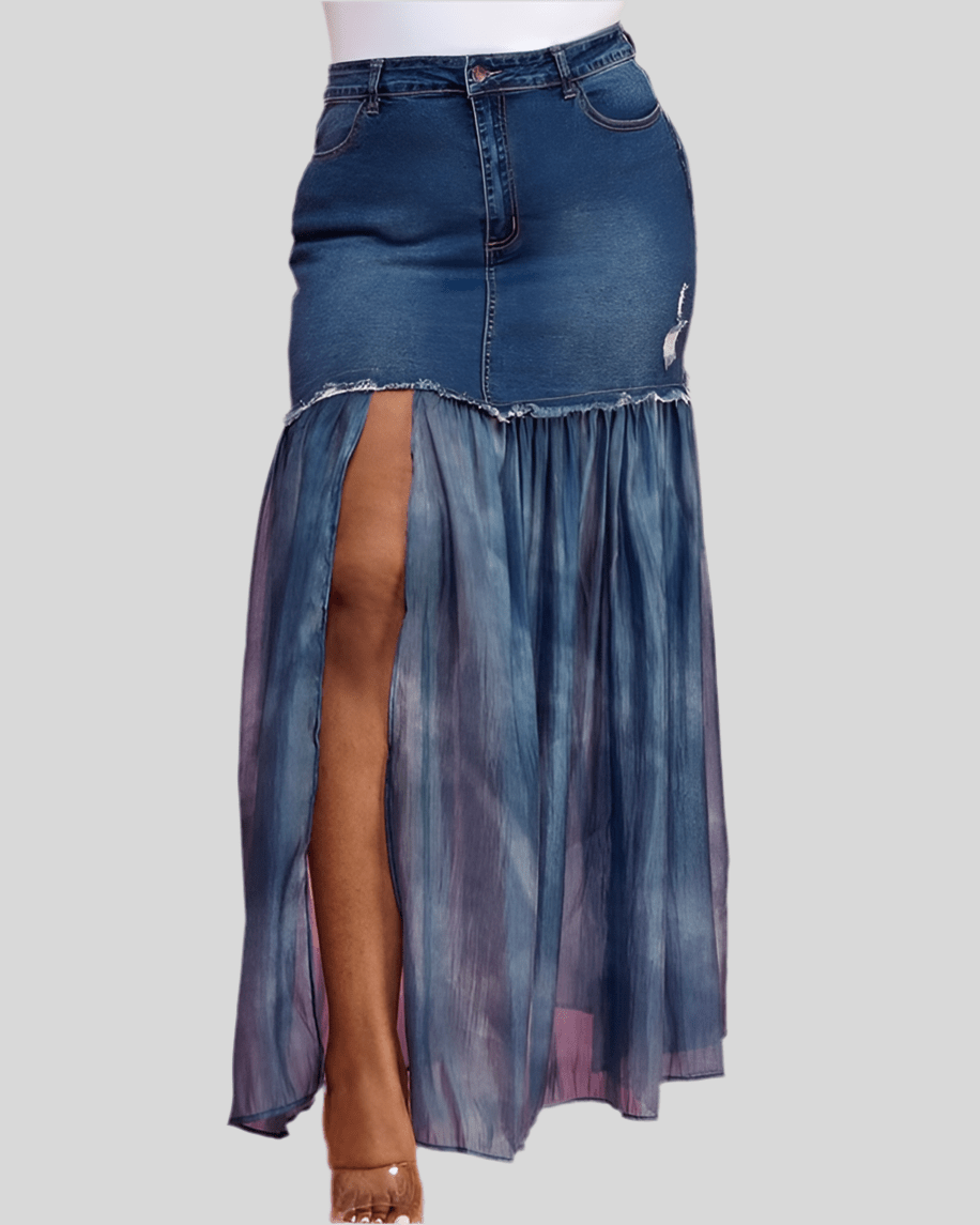 Margot Denim and Mesh Maxi Skirt - Fly VSJ, Women's Clothing and Fashion Accessories