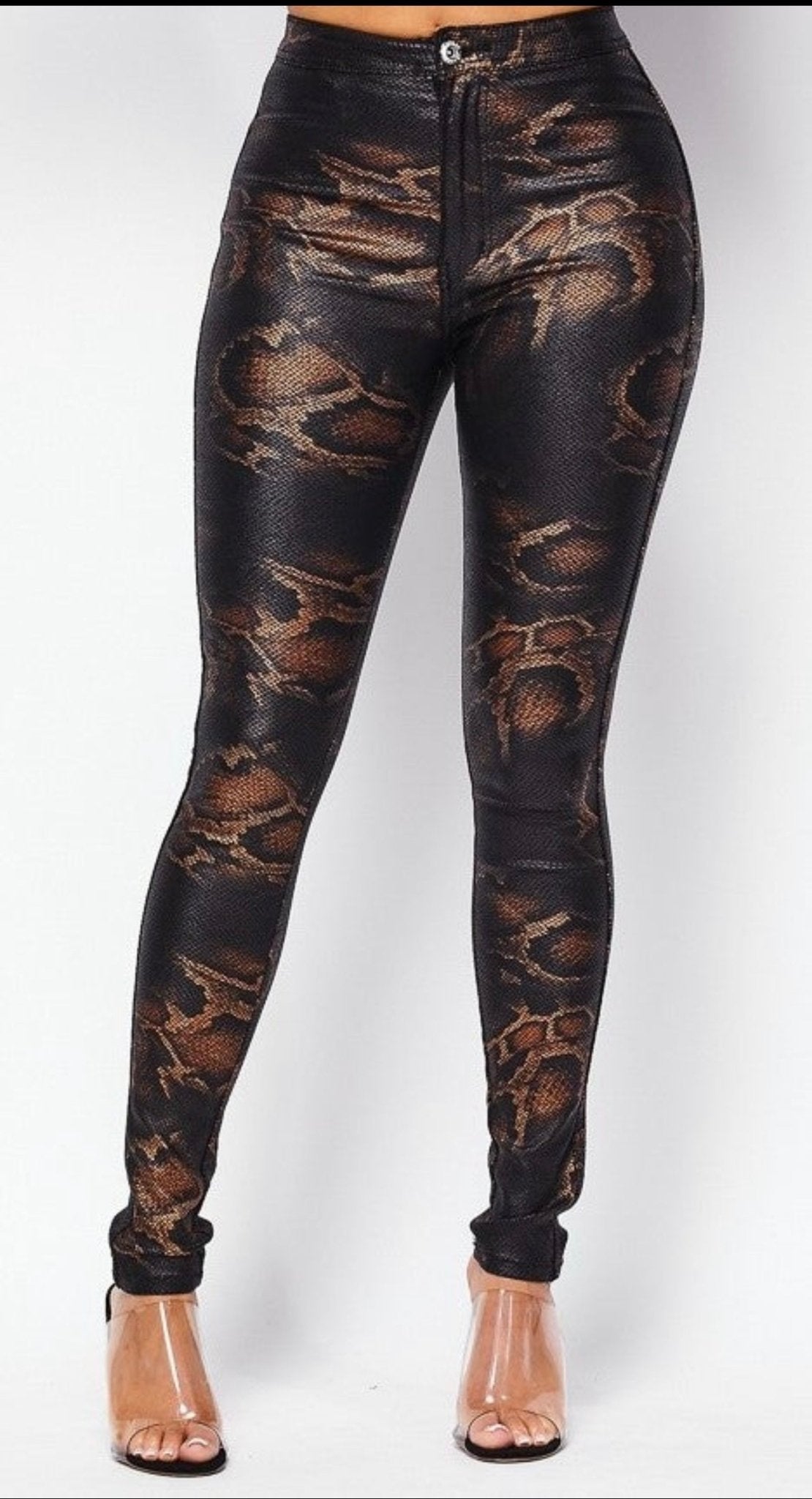 Metallic Snake Print Coated High Rise Stretch Pants - Fly VSJ, Women's Clothing and Fashion Accessories