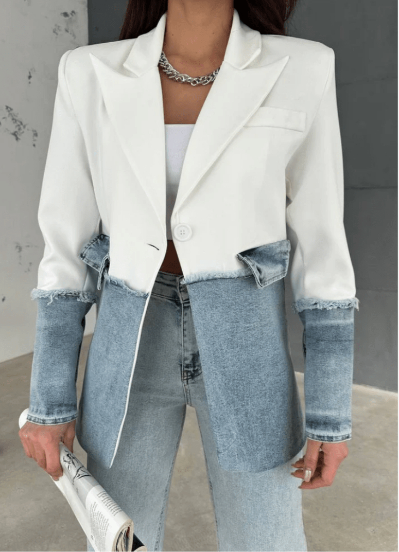 Michele Contrast Denim Blazer - Fly VSJ, Women's Clothing and Fashion Accessories
