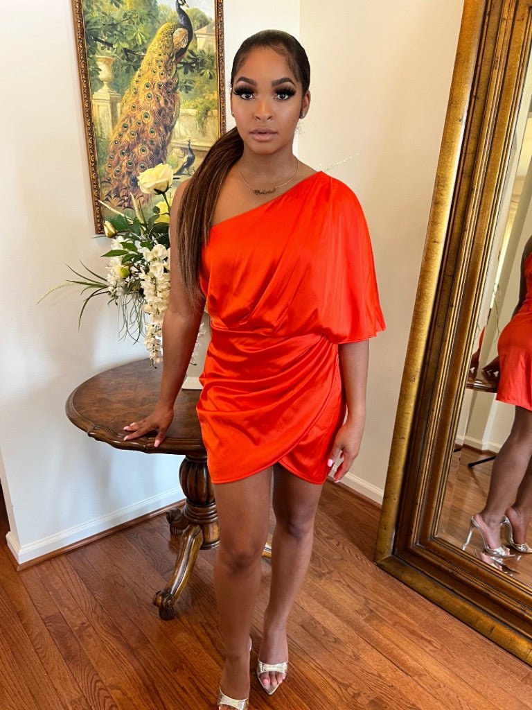 One Shoulder Wrap Satin Dress (Final Sale) - Fly VSJ, Women's Clothing and Fashion Accessories