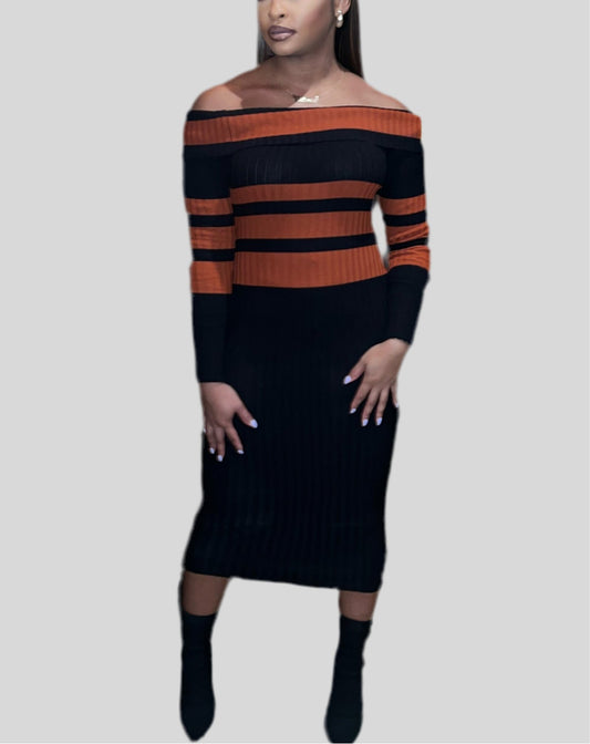 Stripped Ribbed Midi Dress - Fly VSJ, Women's Clothing and Fashion Accessories