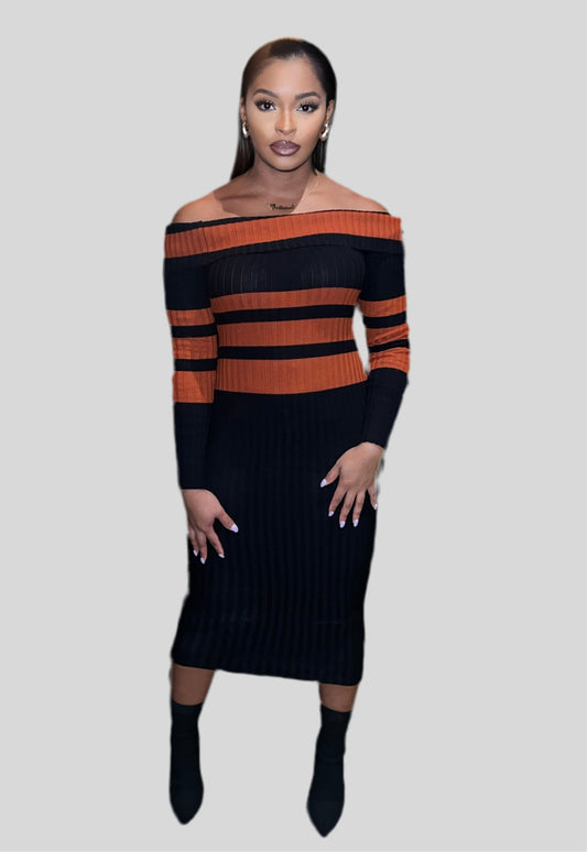 Stripped Ribbed Midi Dress - Fly VSJ, Women's Clothing and Fashion Accessories