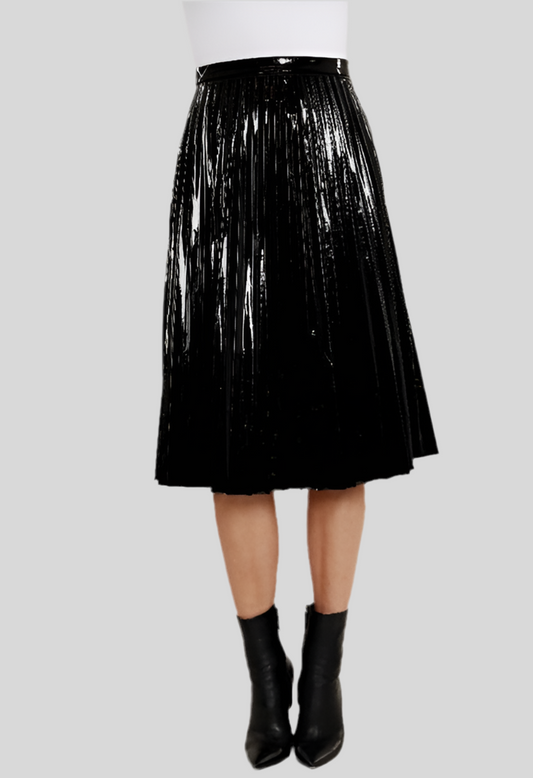 Vegan Patent Leather Pleated Skirt