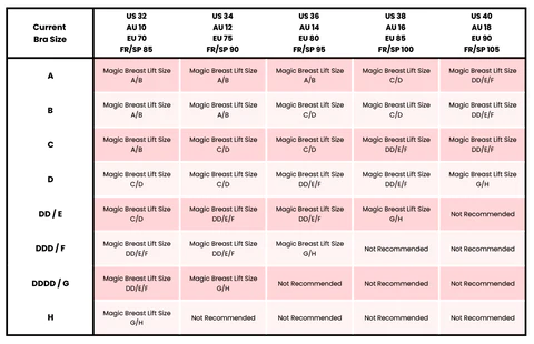 Boomba Magic Breast Lift Size chart