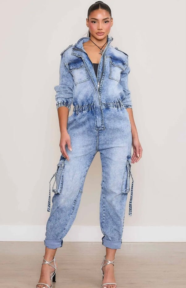 Cargo Denim Jumpsuit - Fly VSJ, Women's Clothing and Fashion Accessories