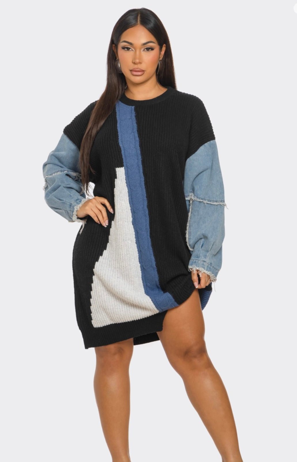 Color Block Denim Sleeve Dress - Fly VSJ, Women's Clothing and Fashion Accessories