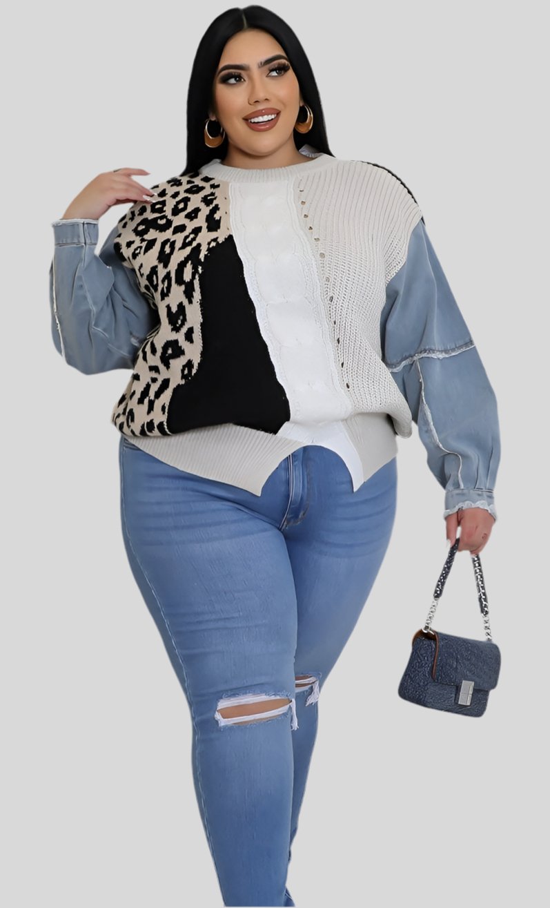 Denim Sleeve Patchwork Top - Fly VSJ, Women's Clothing and Fashion Accessories