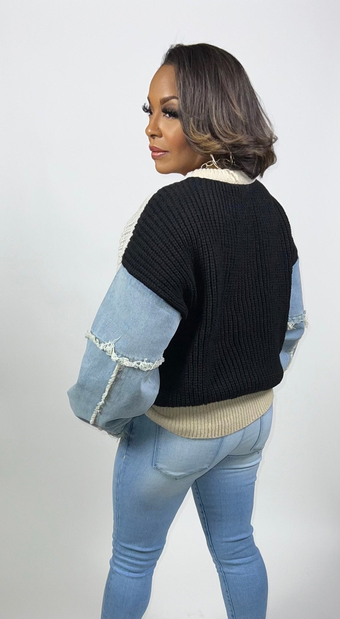 Denim Sleeve Patchwork Top - Fly VSJ, Women's Clothing and Fashion Accessories