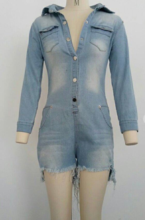 Distressed Denim Romper - Fly VSJ, Women's Clothing and Fashion Accessories