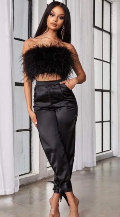 Featherly Tube Top Satin Pant Set - Fly VSJ, Women's Clothing and Fashion Accessories