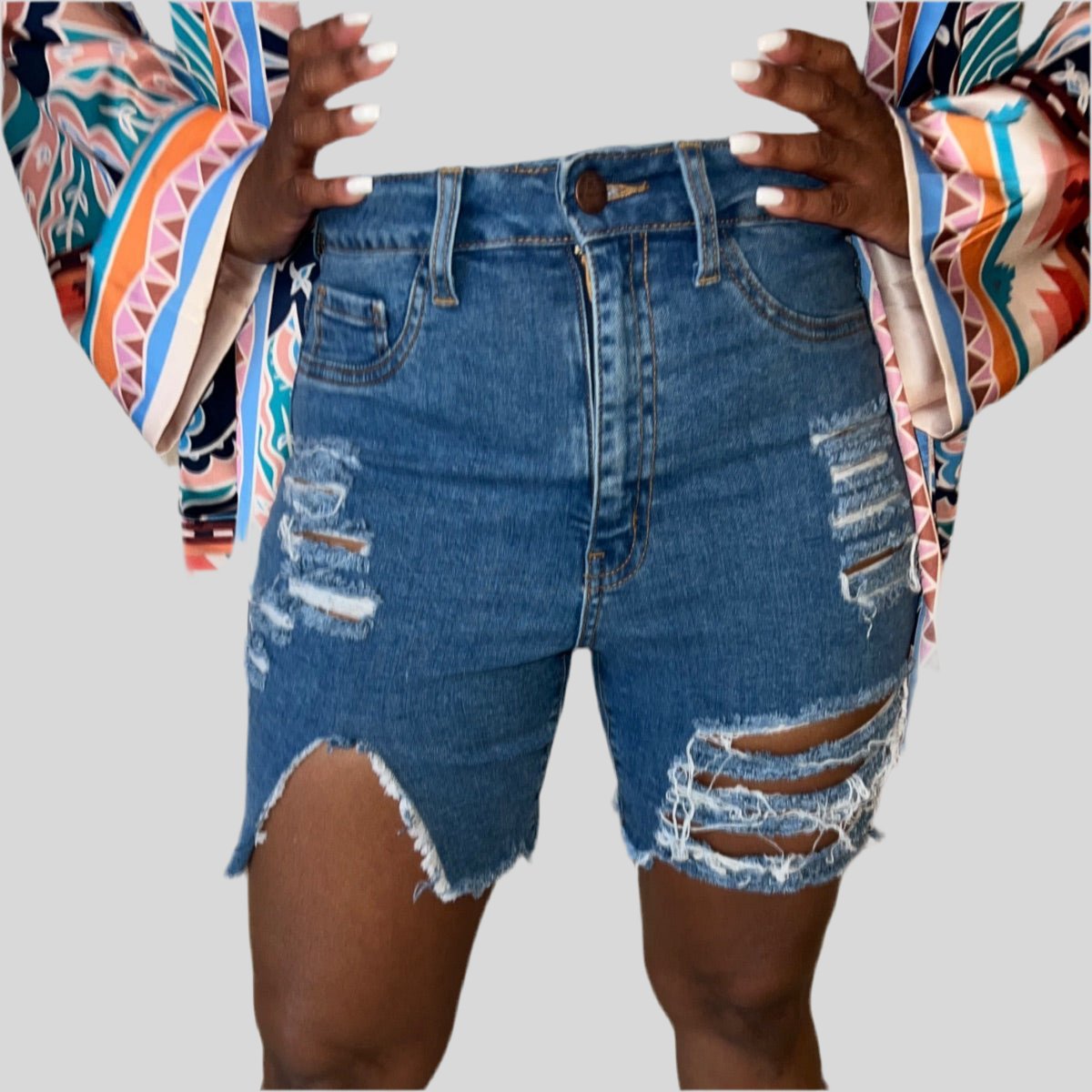 Major Cut Out High Waist Distressed Denim Shorts - Fly VSJ, Women's Clothing and Fashion Accessories