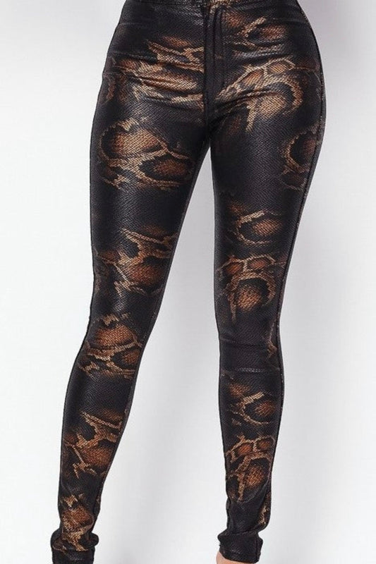 Metallic Snake Print Coated High Rise Stretch Pants - Fly VSJ, Women's Clothing and Fashion Accessories