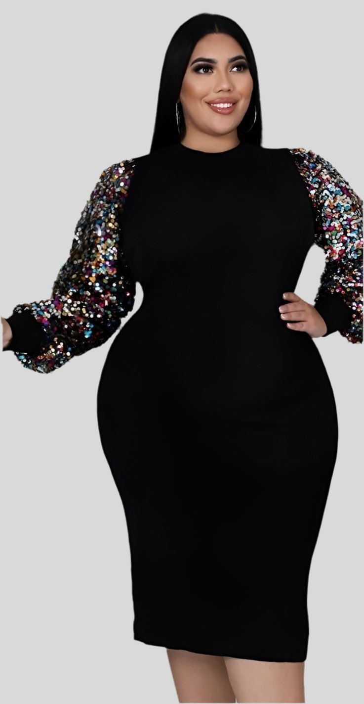 Plus Size Sequin Sleeve Dress - Fly VSJ, Women's Clothing and Fashion Accessories