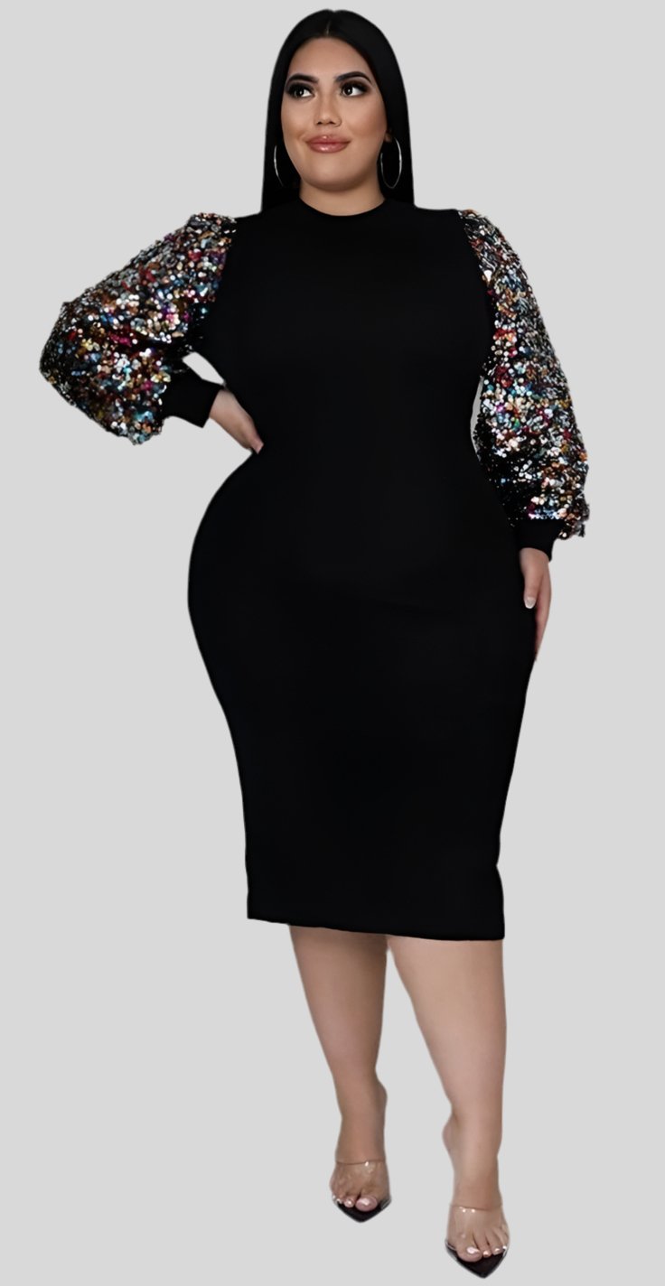 Plus Size Sequin Sleeve Dress - Fly VSJ, Women's Clothing and Fashion Accessories