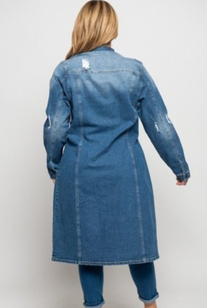 Regular/Plus Distressed Denim Duster - Fly VSJ, Women's Clothing and Fashion Accessories