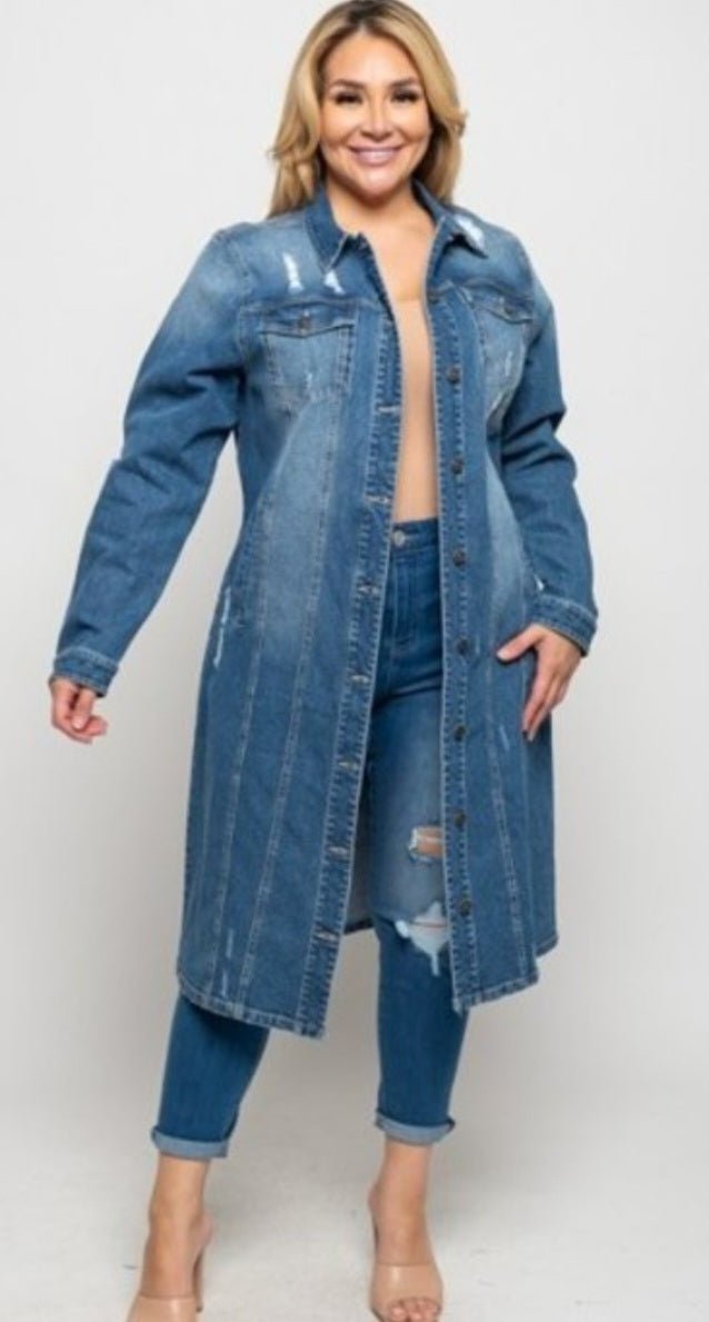 Regular/Plus Distressed Denim Duster - Fly VSJ, Women's Clothing and Fashion Accessories