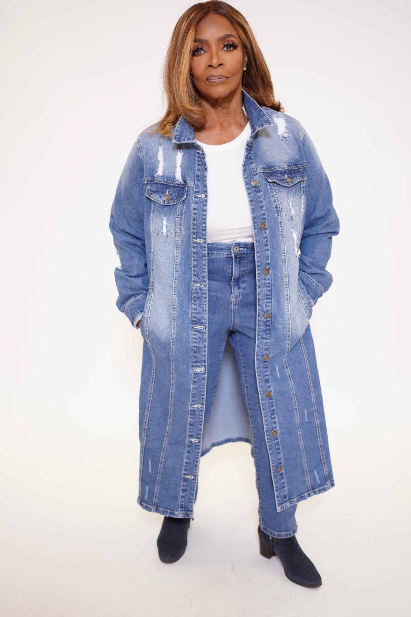 Regular/Plus Distressed Denim Duster - Fly VSJ, Women's Clothing and Fashion Accessories