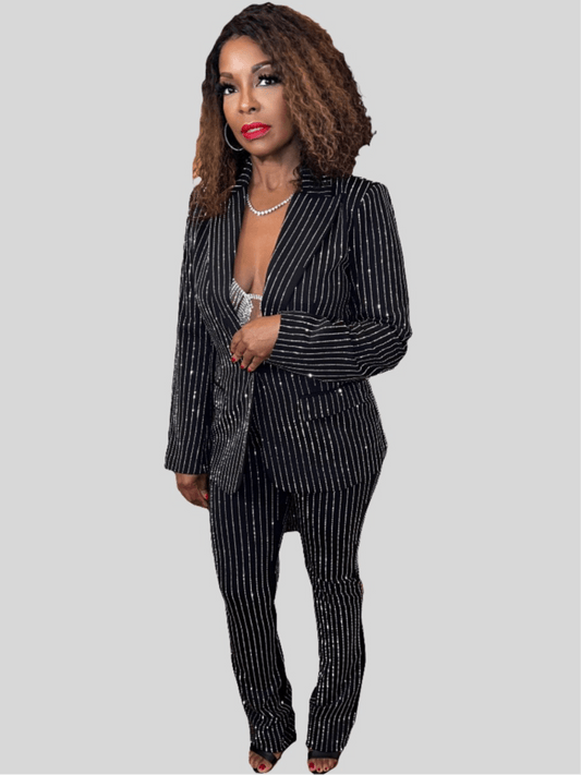 Rhinestone Pinstripe Blazer - Fly VSJ, Women's Clothing and Fashion Accessories