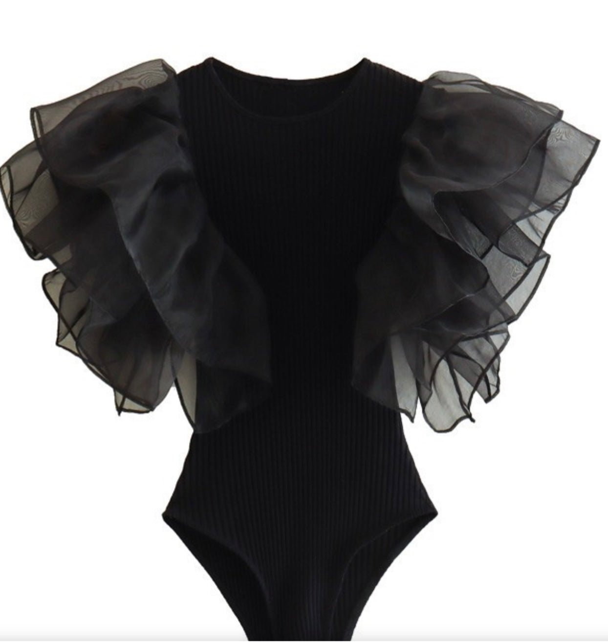 Ruffle Sleeve Tulle Bodysuit - Fly VSJ, Women's Clothing and Fashion Accessories