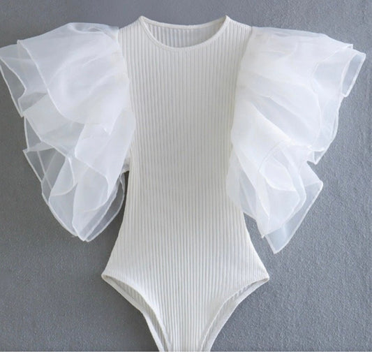 Ruffle Sleeve Tulle Bodysuit - Fly VSJ, Women's Clothing and Fashion Accessories