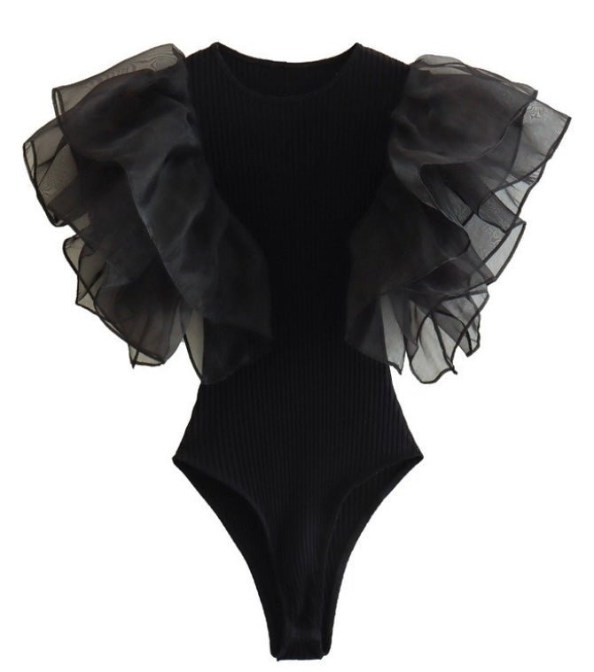 Ruffle Sleeve Tulle Bodysuit - Fly VSJ, Women's Clothing and Fashion Accessories