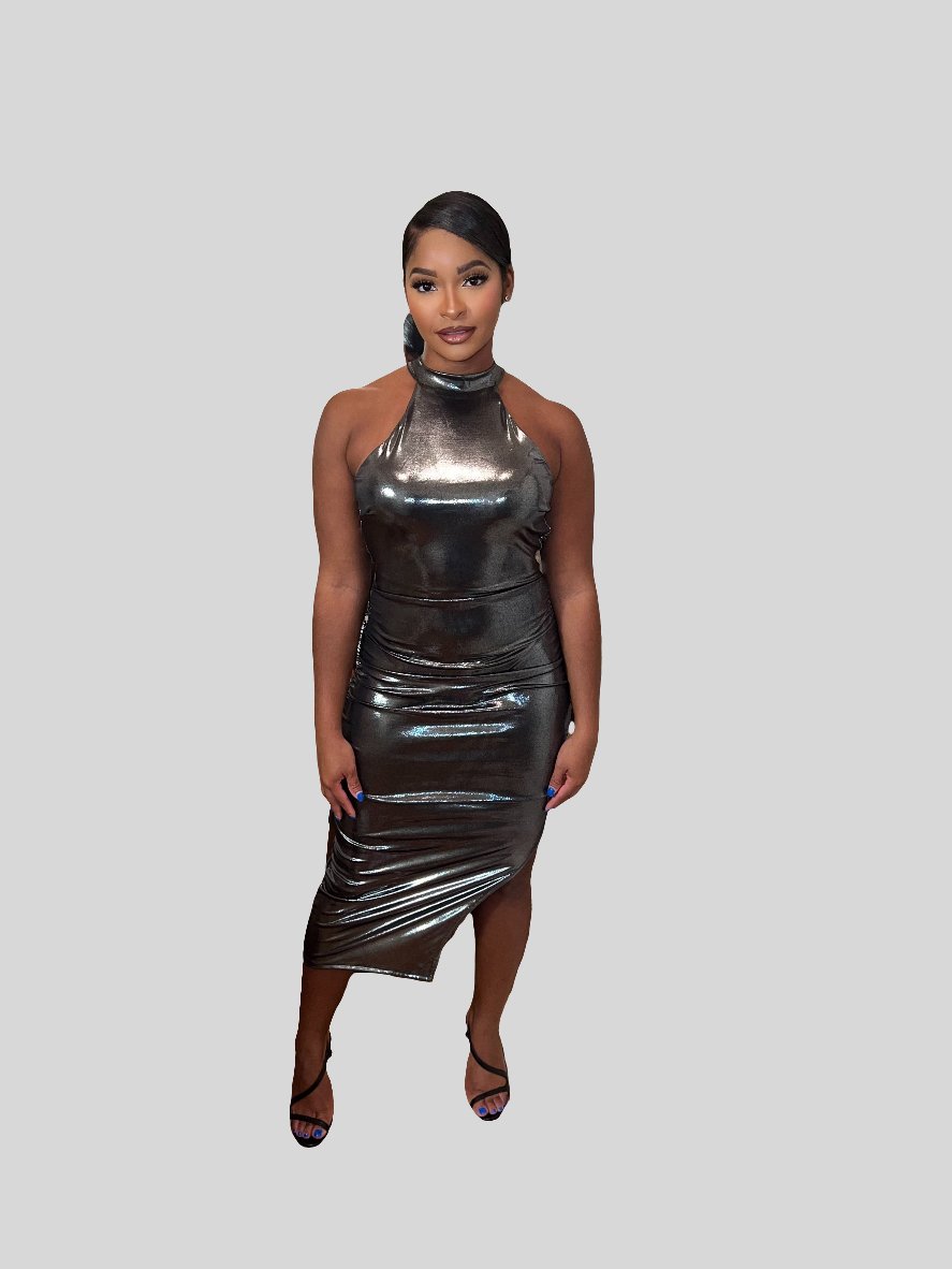 Sai Metallic Halter Dress - Fly VSJ, Women's Clothing and Fashion Accessories