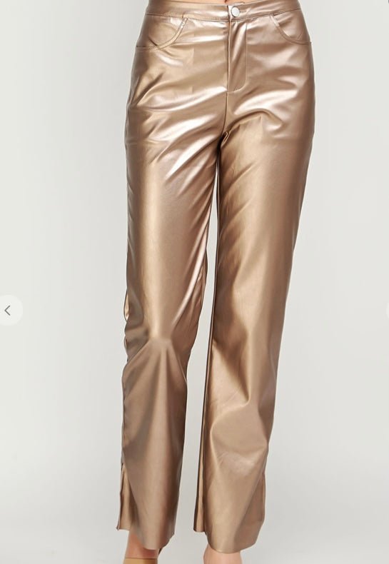 Shimmer Faux Leather Pants - Fly VSJ, Women's Clothing and Fashion Accessories