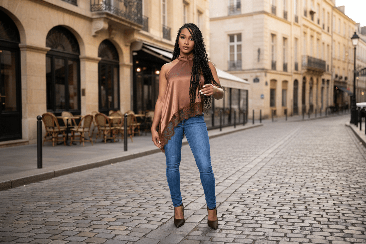 The Avina Satin Lace Asymmetric Top - Fly VSJ, Women's Clothing and Fashion Accessories