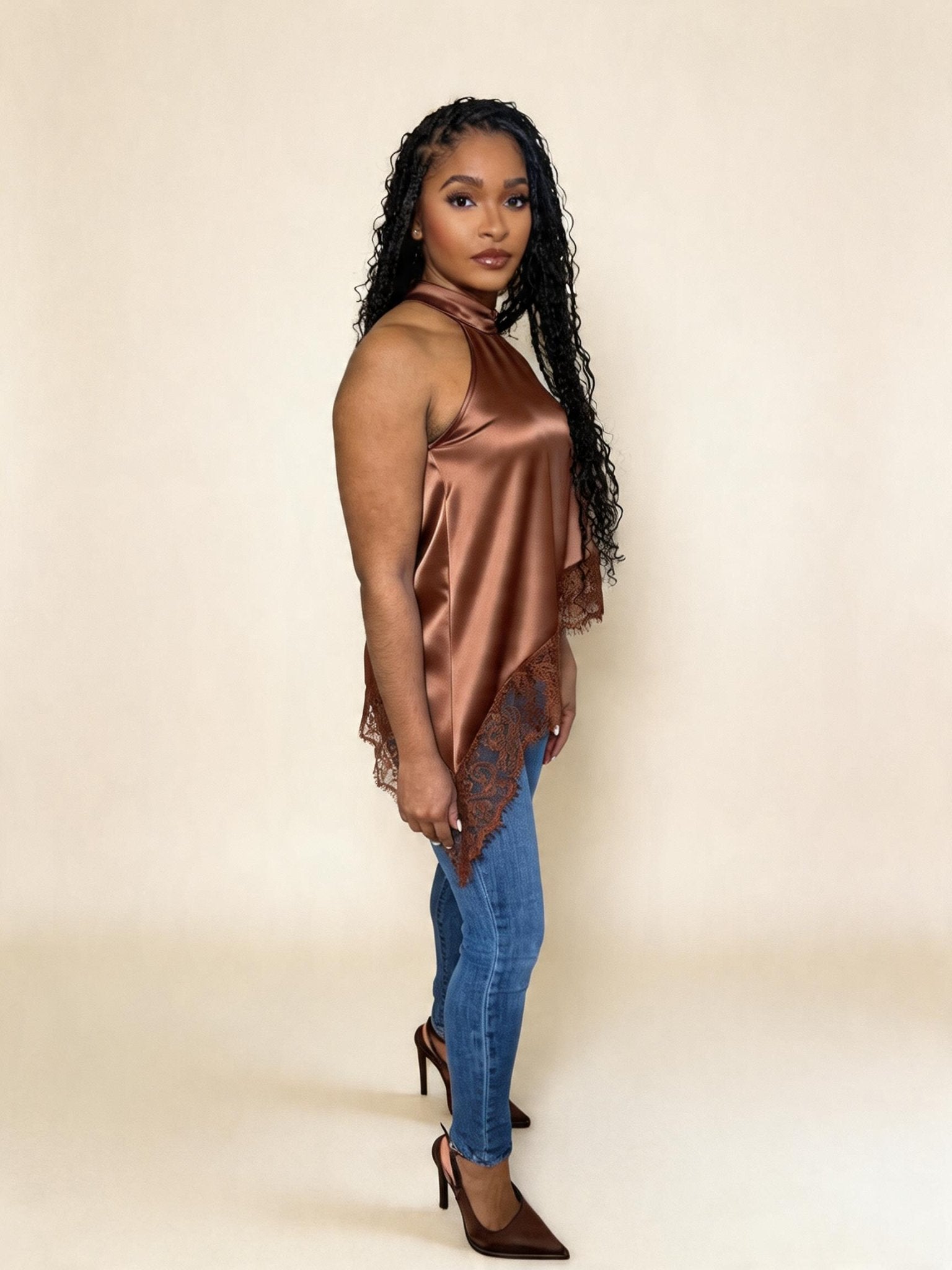 The Avina Satin Lace Asymmetric Top - Fly VSJ, Women's Clothing and Fashion Accessories