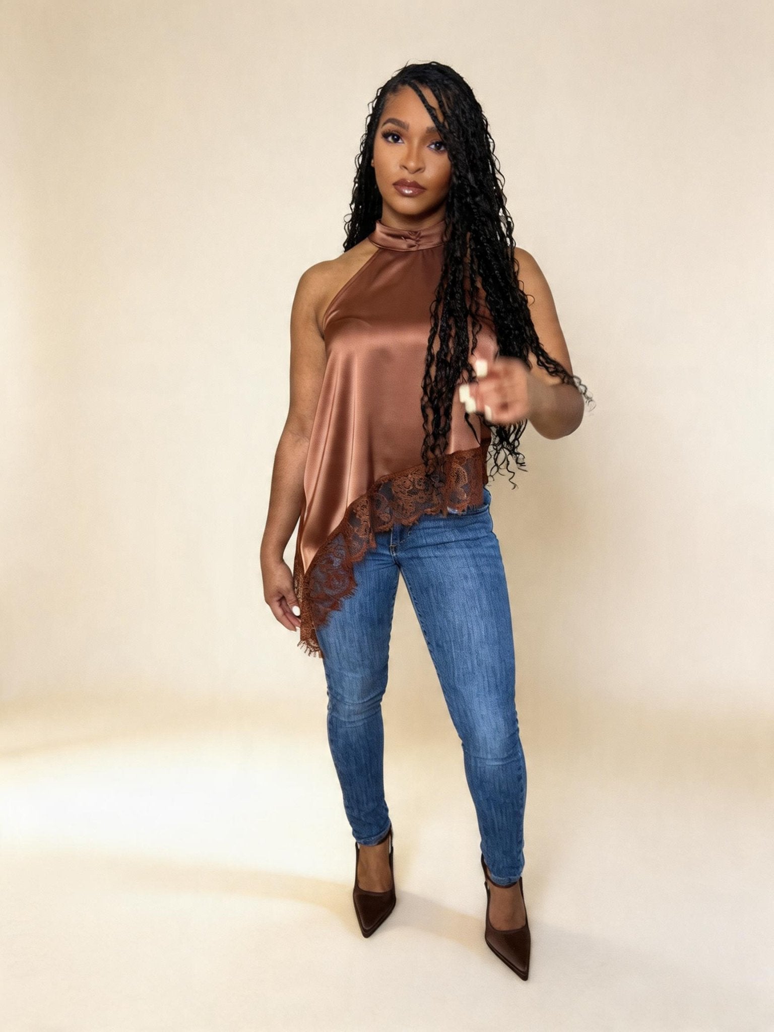 The Avina Satin Lace Asymmetric Top - Fly VSJ, Women's Clothing and Fashion Accessories