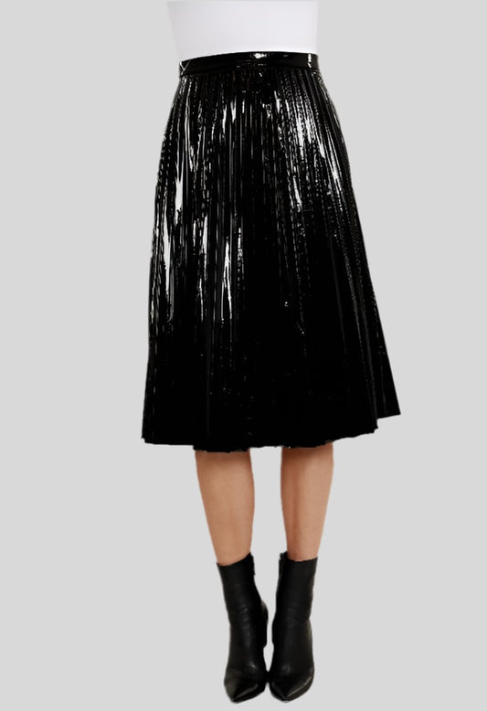 Vegan Patent Leather Pleated Skirt - Fly VSJ, Women's Clothing and Fashion Accessories